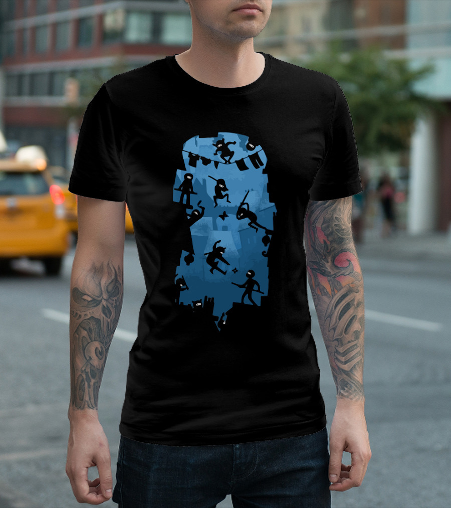 Ninja Kick Ass Clash Silhouette Battle Scene T-Shirt