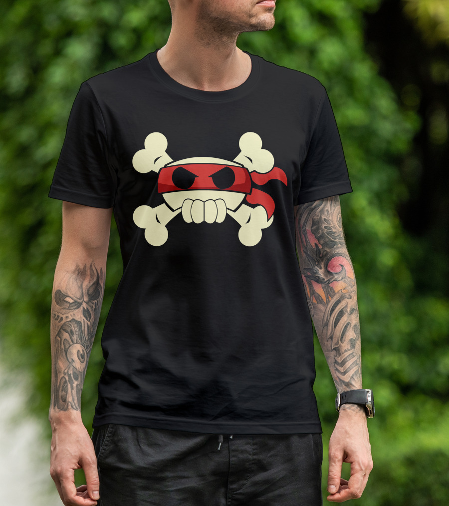 Ninja Pirate Skull Crossbones With Red Bandana T-Shirt