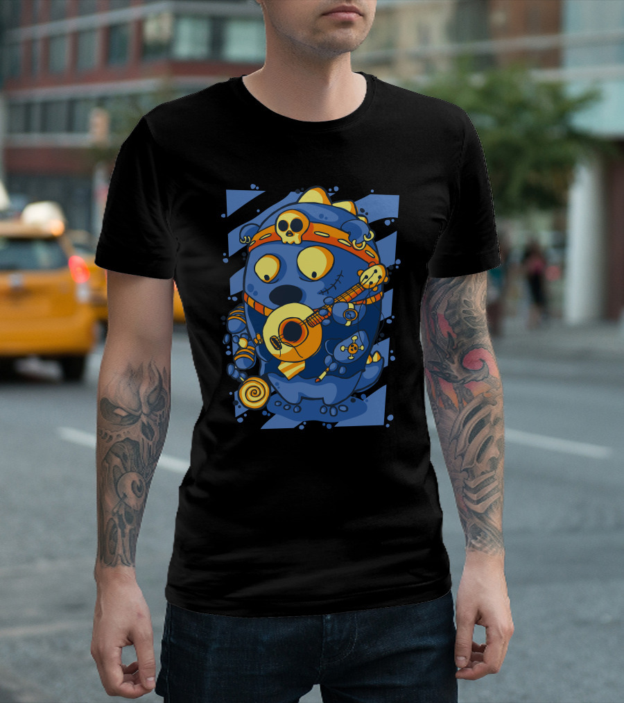 Ooops Blue Cartoon Monster Playing Guitar with Skull Headband and Candy T-Shirt