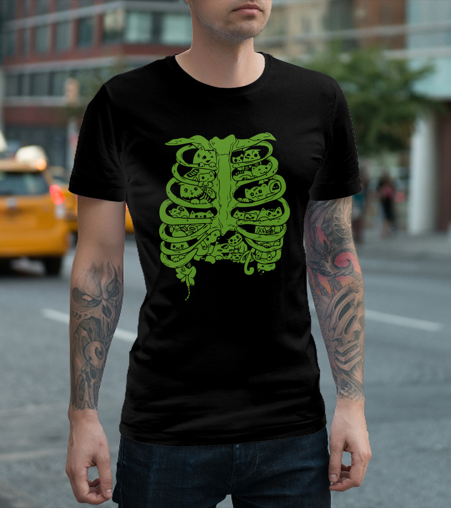 Ooozing Kittehs Skeleton Ribcage Cats Green T-Shirt