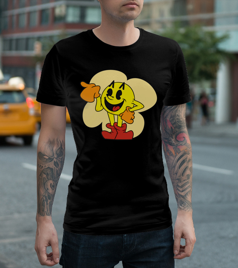 Pac Man Classic Cartoon Character with Devil Horns and Boots T-Shirt