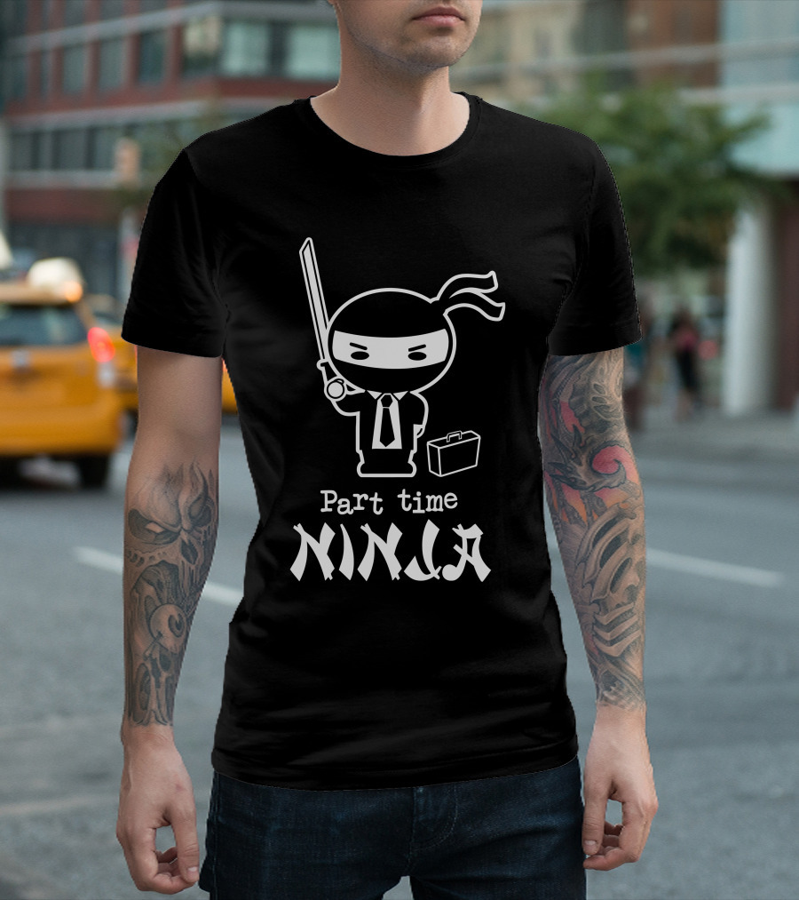 Part Time Ninja with Sword and Briefcase Cartoon T-Shirt