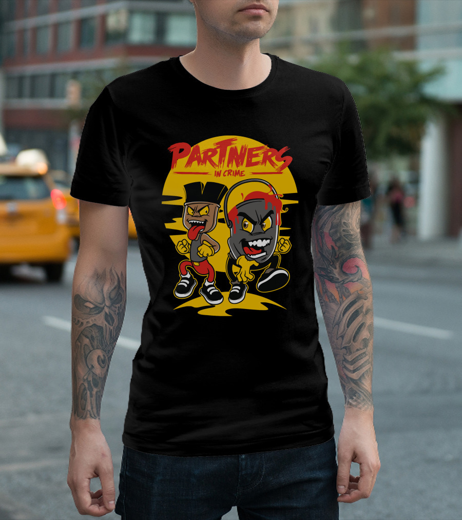 Partners In Crime Cartoon Characters With Headphones And Moustache T-Shirt