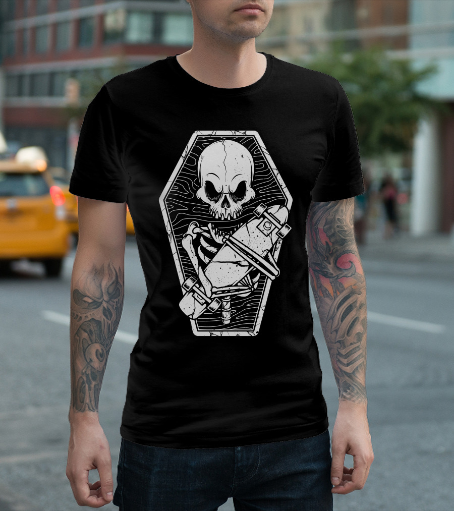 Skate Until The End Skeleton in Coffin with Skateboard T-Shirt