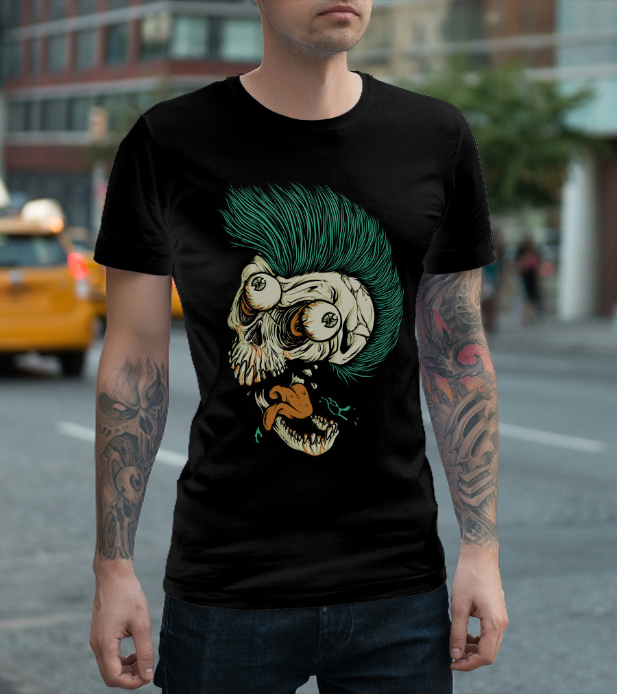 Skull Punk Mohawk Style with Wide-Eyed Expression and Dropping Jaw T-Shirt