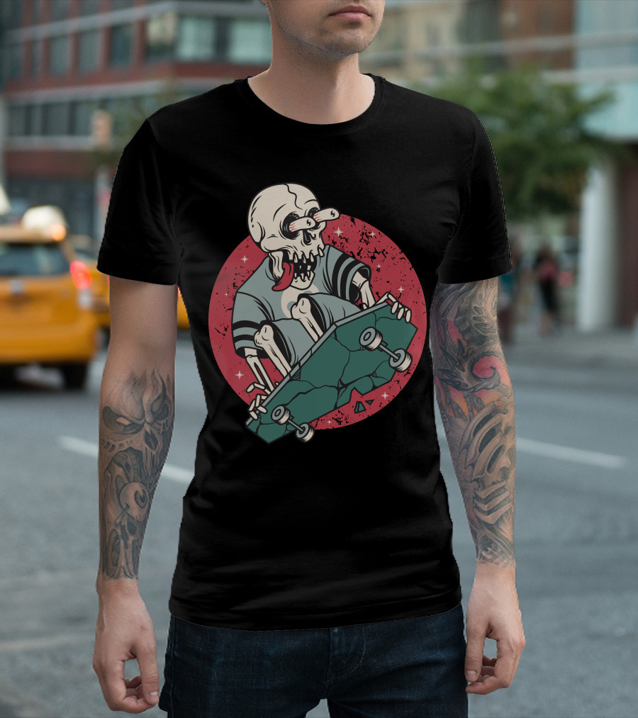 Skullboarding Skeleton Skateboarder with Red Circle Background T-Shirt