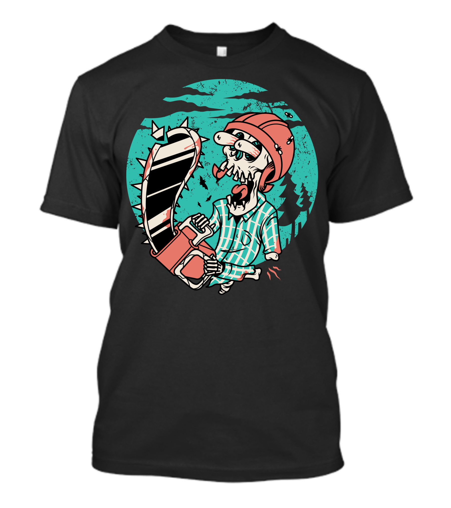 Chainsaw Wielding Skull In Plaid Helmet Adventure T-Shirt