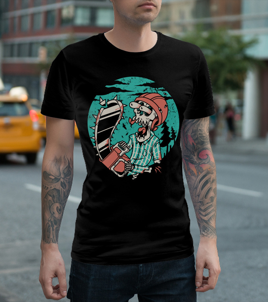 Chainsaw Wielding Skull In Plaid Helmet Adventure T-Shirt