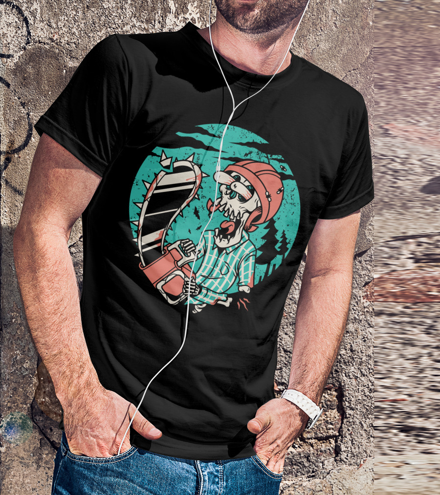 Chainsaw Wielding Skull In Plaid Helmet Adventure T-Shirt