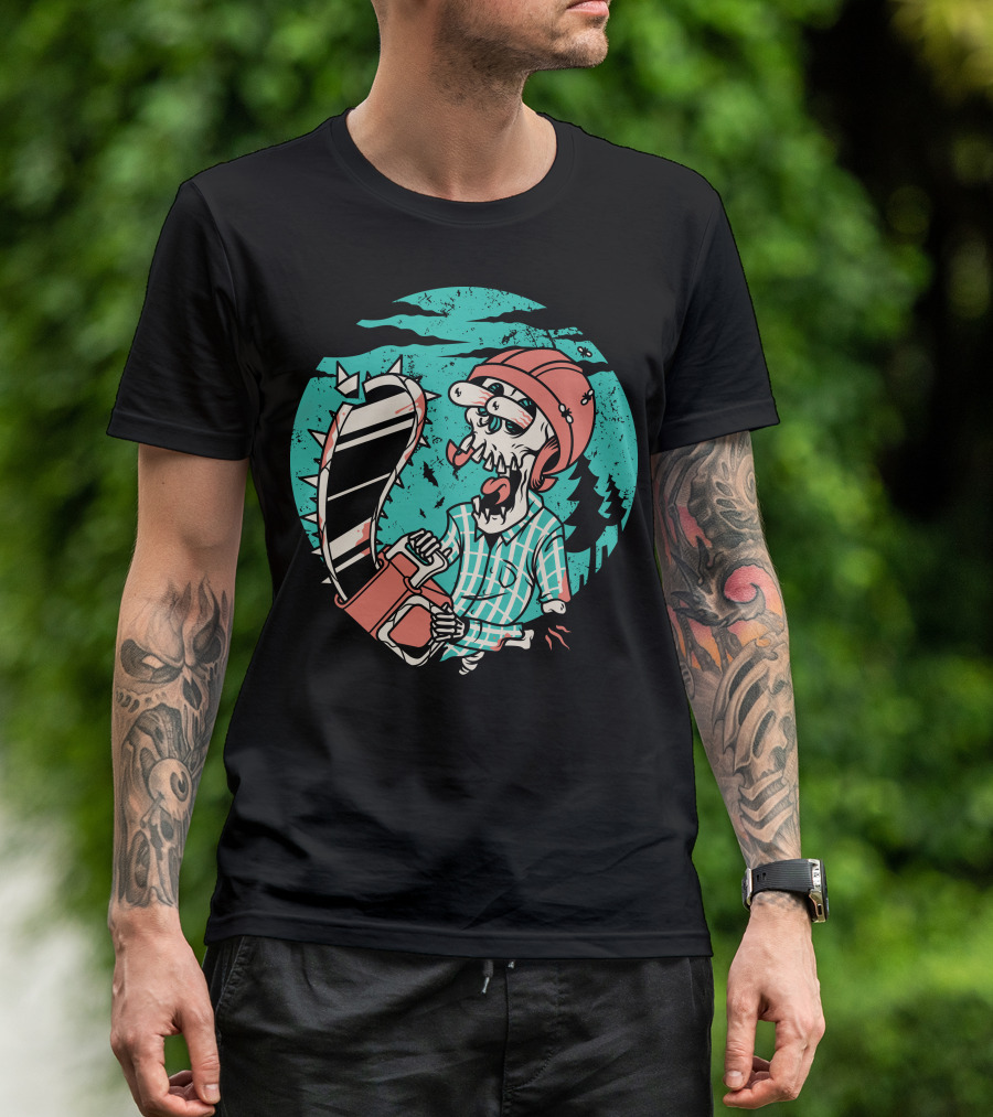 Chainsaw Wielding Skull In Plaid Helmet Adventure T-Shirt