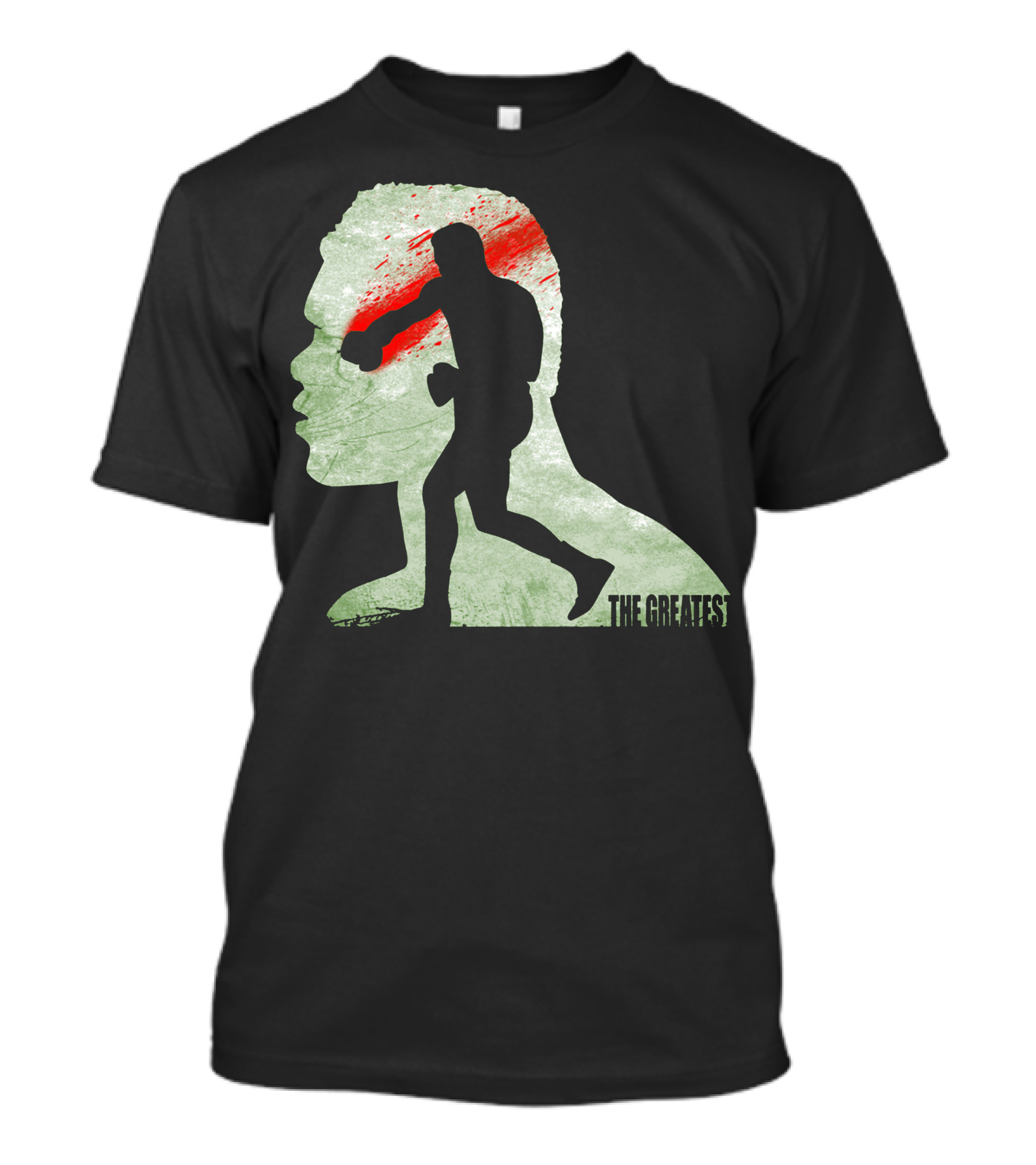 The Greatest Boxer Silhouette With Bold Red And Green Abstract Background T-Shirt