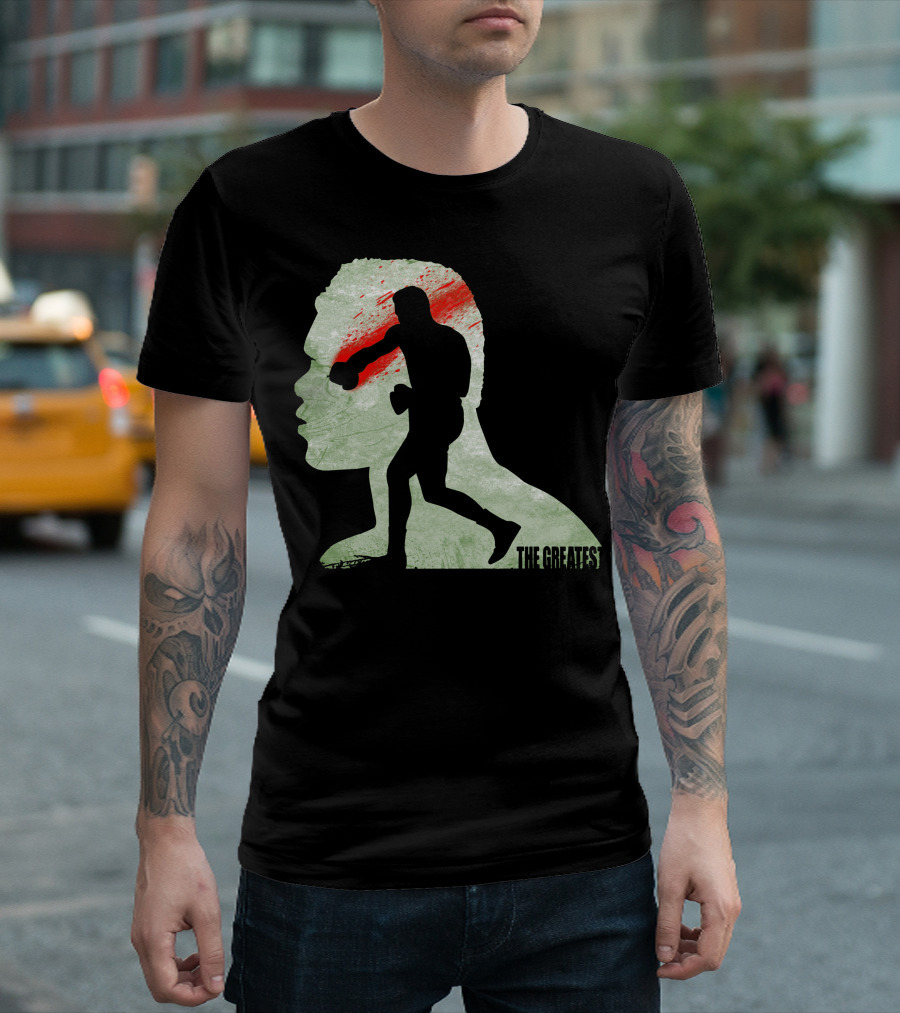 The Greatest Boxer Silhouette With Bold Red And Green Abstract Background T-Shirt