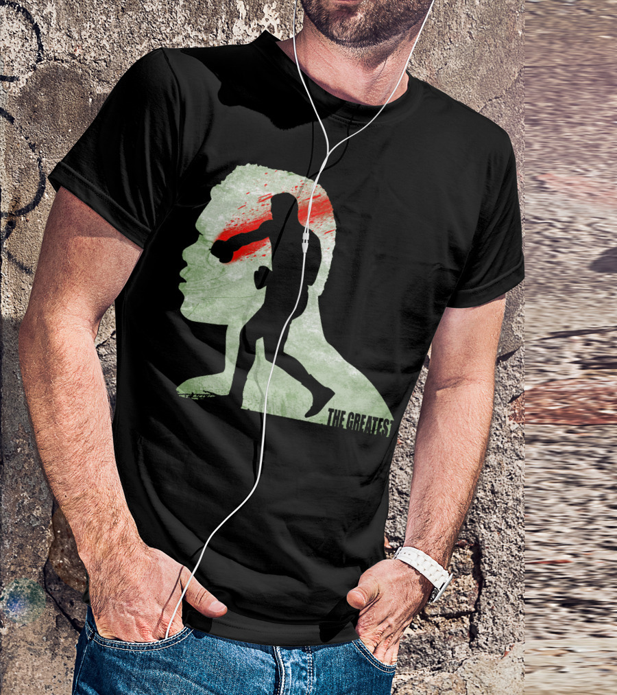 The Greatest Boxer Silhouette With Bold Red And Green Abstract Background T-Shirt