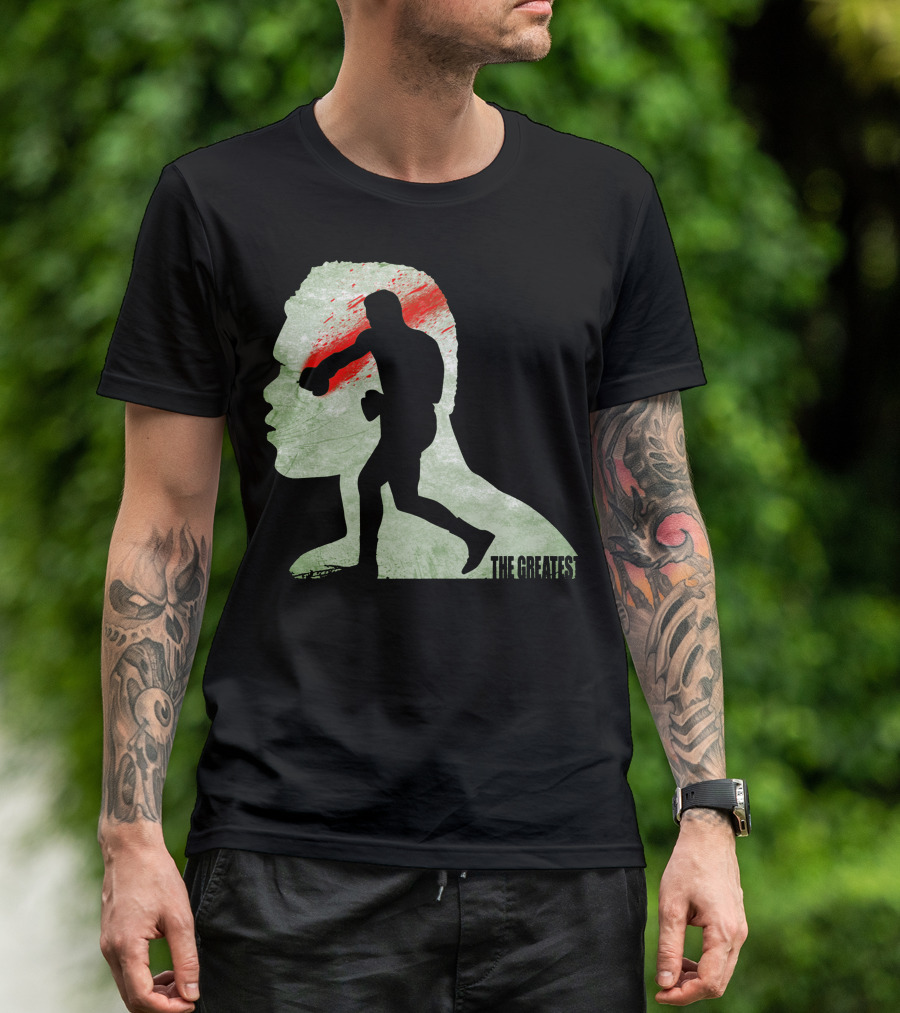 The Greatest Boxer Silhouette With Bold Red And Green Abstract Background T-Shirt