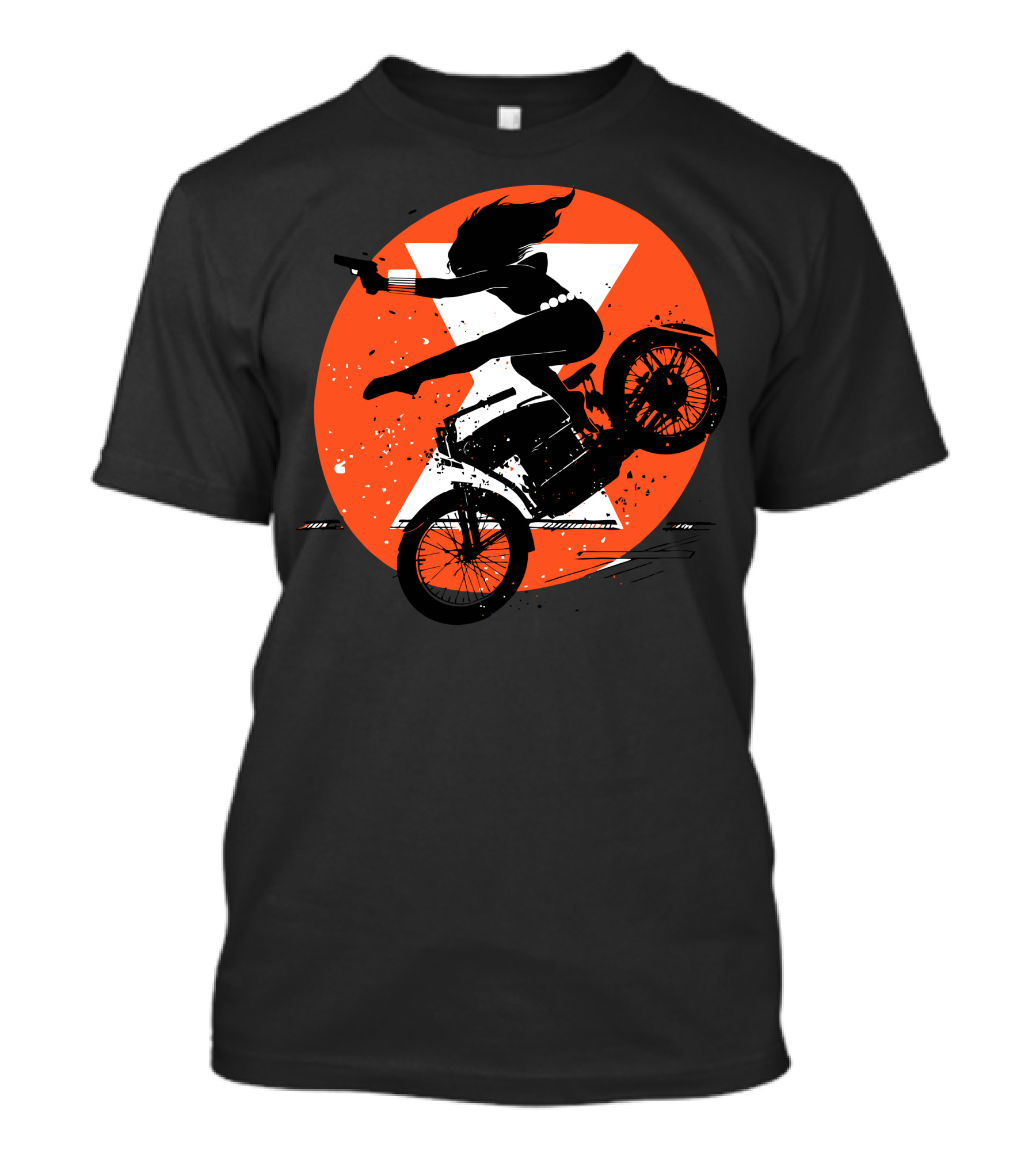Black Widow Motorcycle Stunt Silhouette With Orange Hourglass T-Shirt