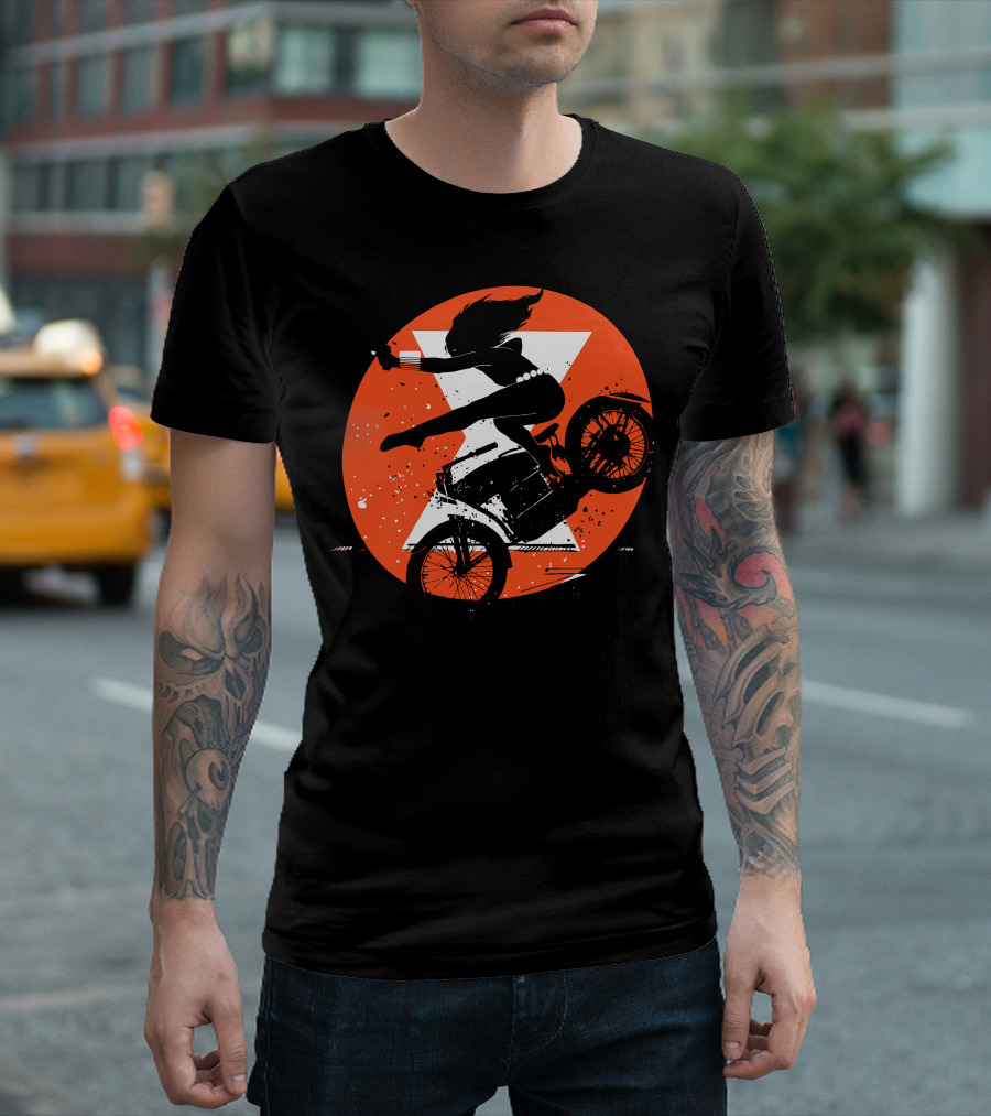 Black Widow Motorcycle Stunt Silhouette With Orange Hourglass T-Shirt