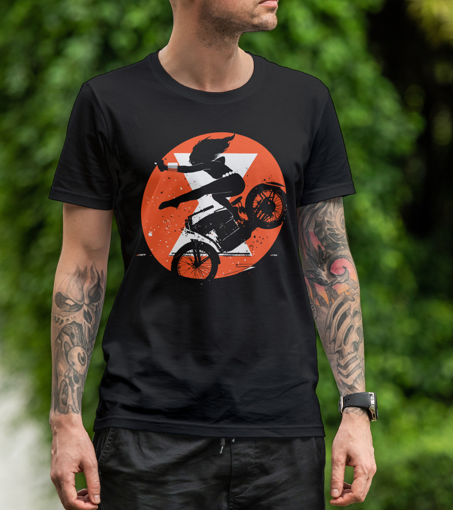 Black Widow Motorcycle Stunt Silhouette With Orange Hourglass T-Shirt