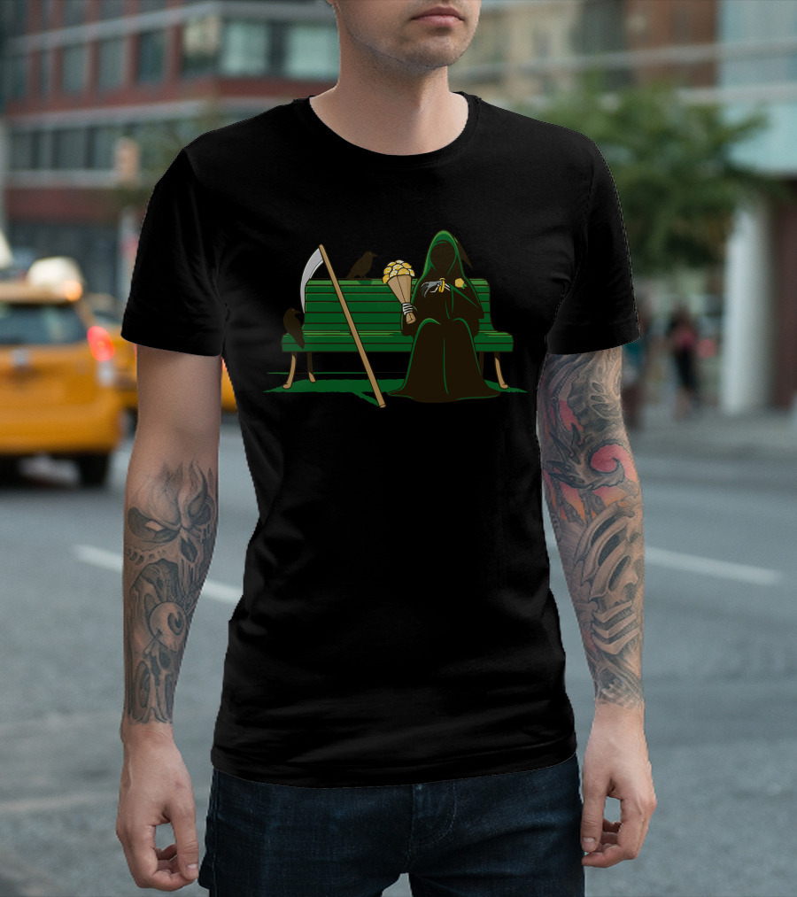 Grim Reaper Holding Bouquet on Park Bench with Crows T-Shirt