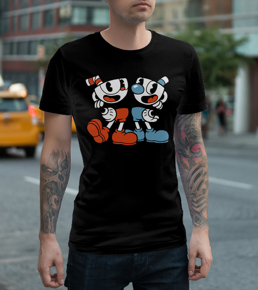 Cuphead and Mugman Cartoon Characters Adventure Game Fans T-Shirt