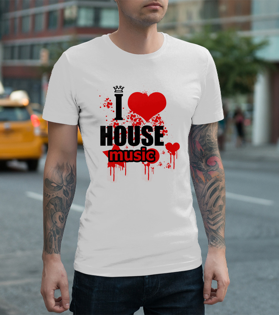 I Love House Music Men Logo3 Red Heart Splatter Crown T-Shirt