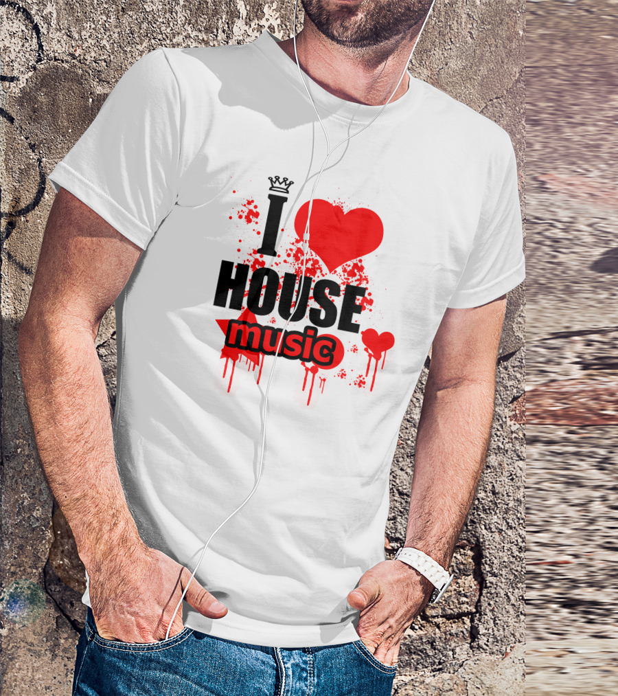 I Love House Music Men Logo3 Red Heart Splatter Crown T-Shirt