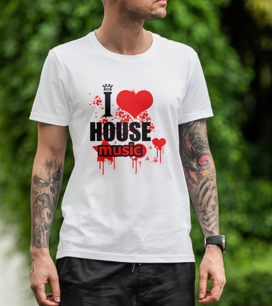 I Love House Music Men Logo3 Red Heart Splatter Crown T-Shirt