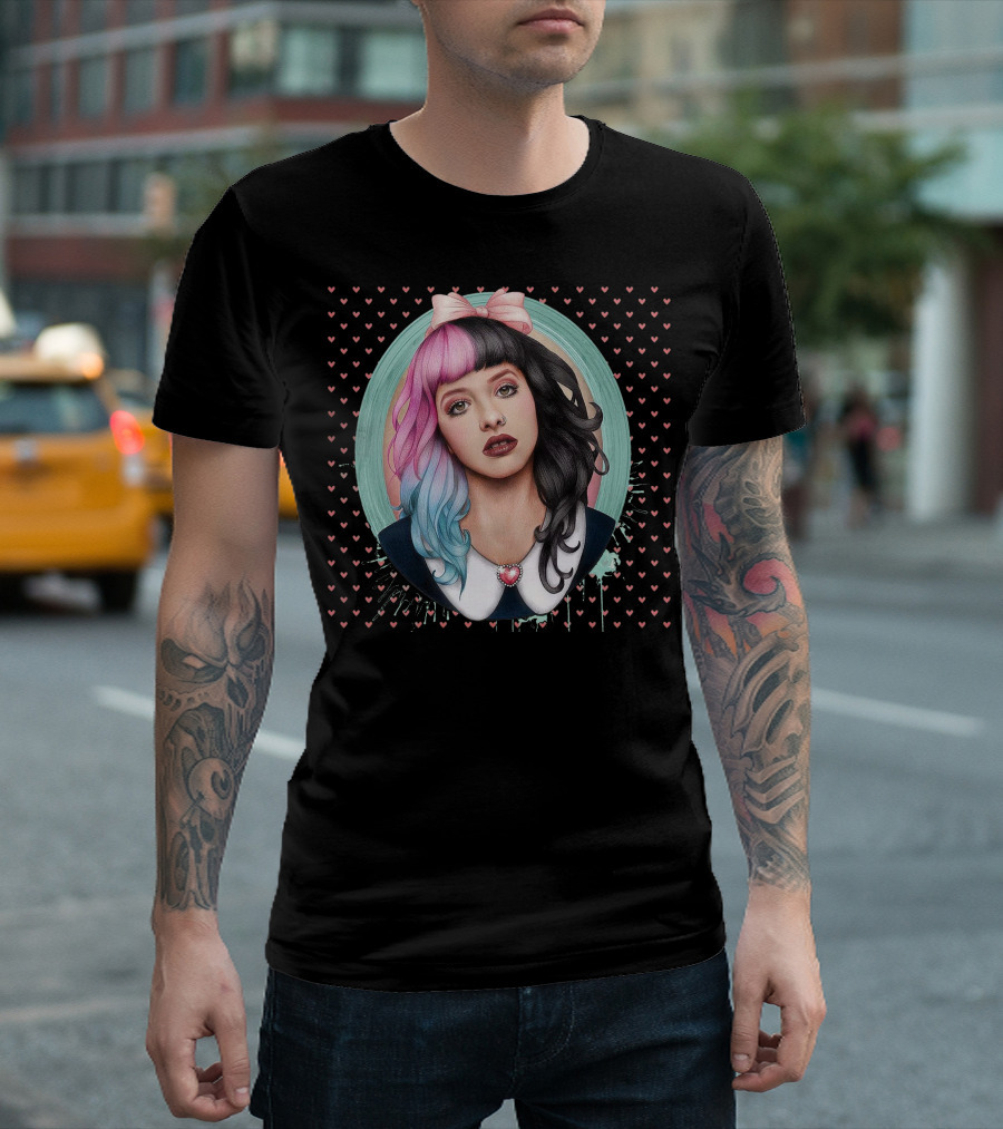 Melanie Martinez Cry Baby Pink And Blue Hair Heart Background T-Shirt