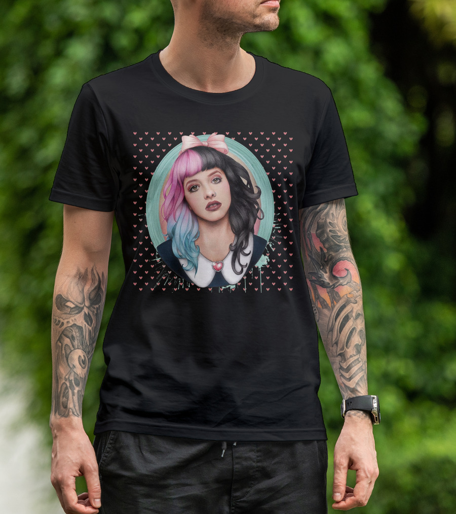 Melanie Martinez Cry Baby Pink And Blue Hair Heart Background T-Shirt