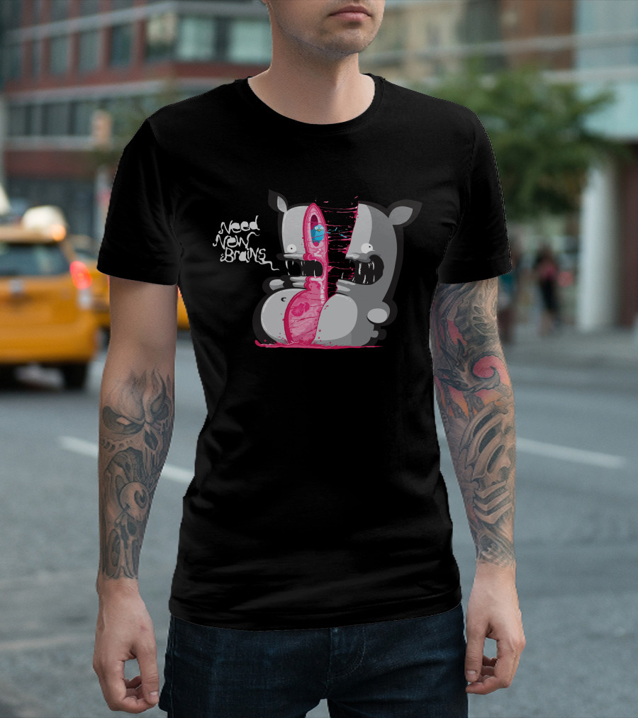 Need New Brains Creature Slicing Open Cartoon T-Shirt