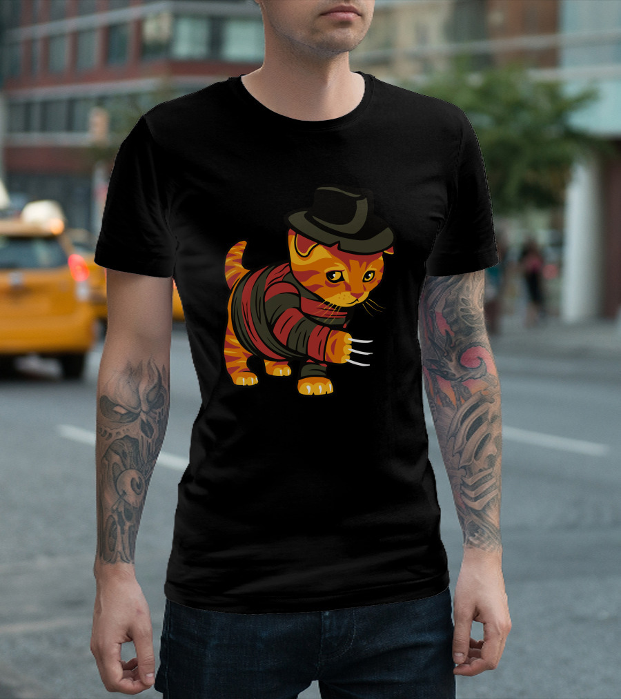 Nightmeow On Elm Street Striped Sweater Cat With Claw Gloves And Hat T-Shirt