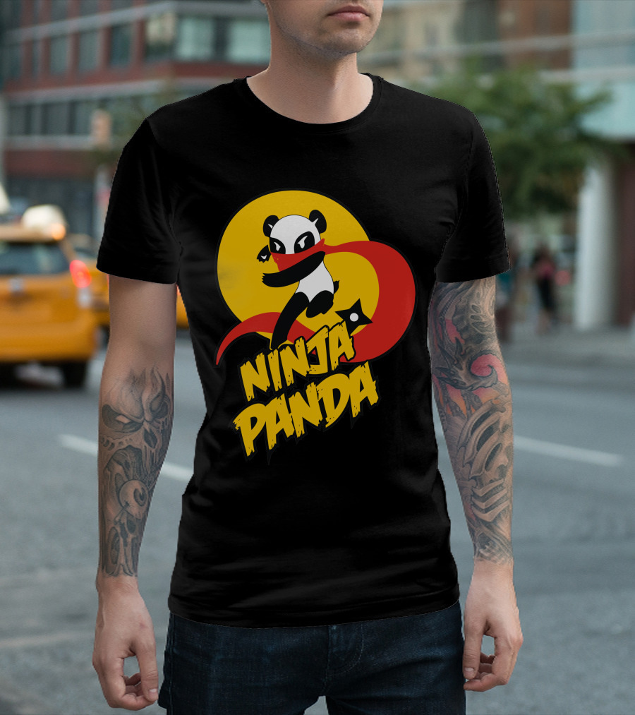 Ninja Panda With Shuriken And Red Scarf In Dynamic Pose T-Shirt