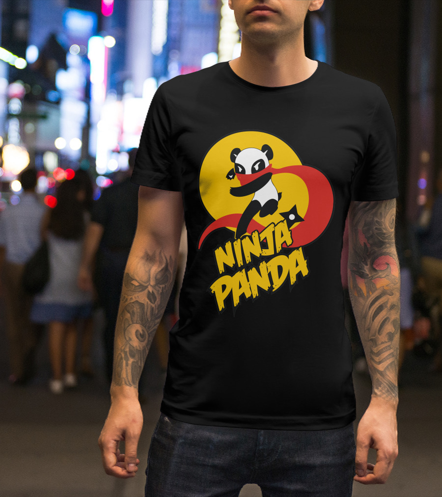 Ninja Panda With Shuriken And Red Scarf In Dynamic Pose T-Shirt