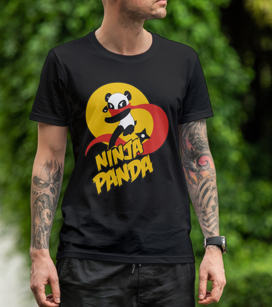 Ninja Panda With Shuriken And Red Scarf In Dynamic Pose T-Shirt
