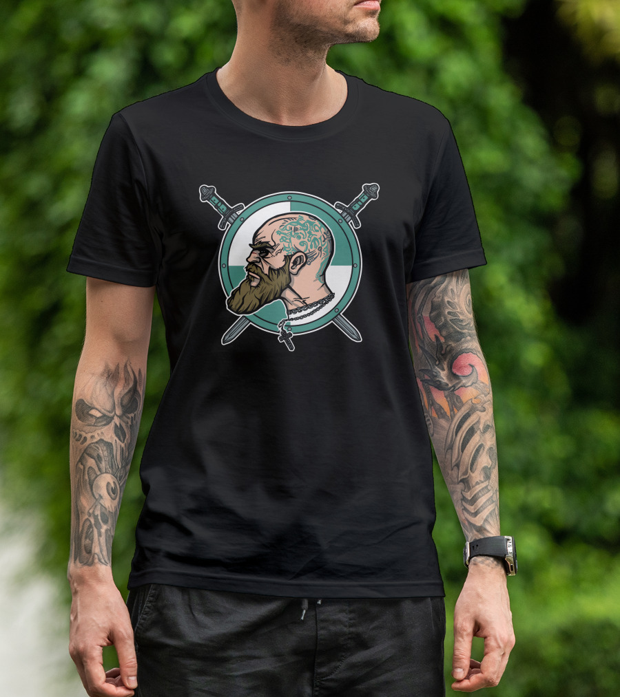 Norse Warlord Tattooed Viking Warrior With Swords And Shield T-Shirt