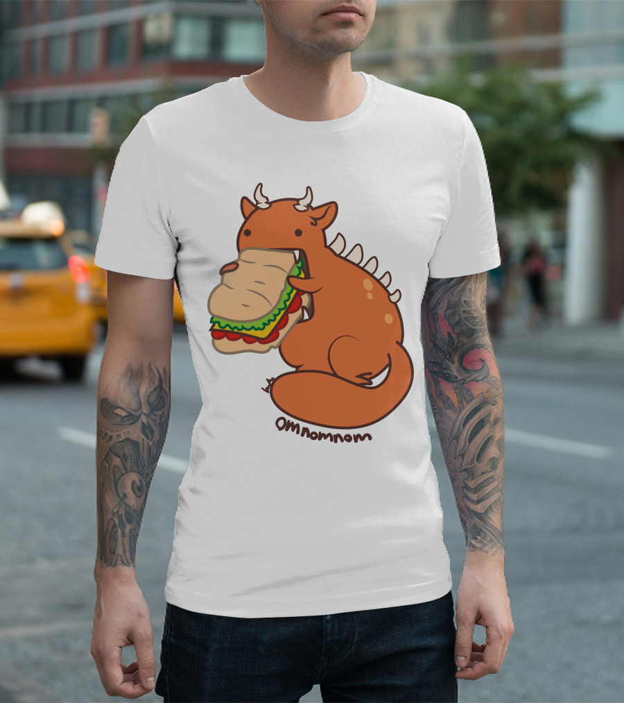Omnomnom Dragon Eating Sandwich Cute Cartoon Creature T-Shirt