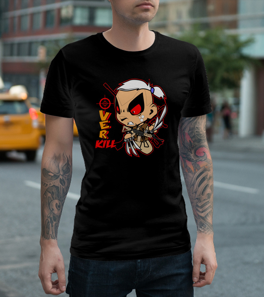 Cartoon Overkill with Knives and Gun Character T-Shirt
