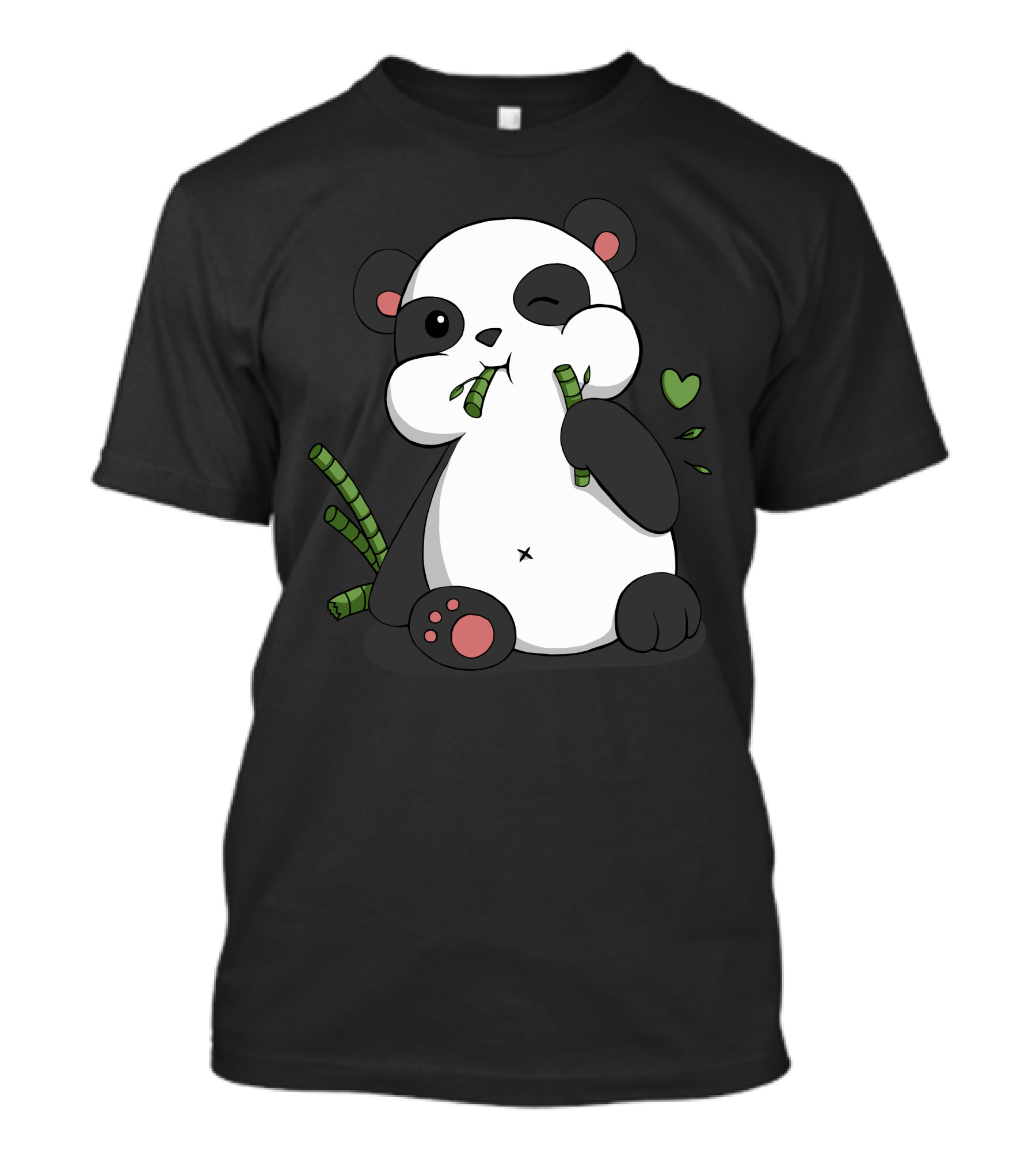 Cute Winking Panda Eating Bamboo With Green Heart T-Shirt