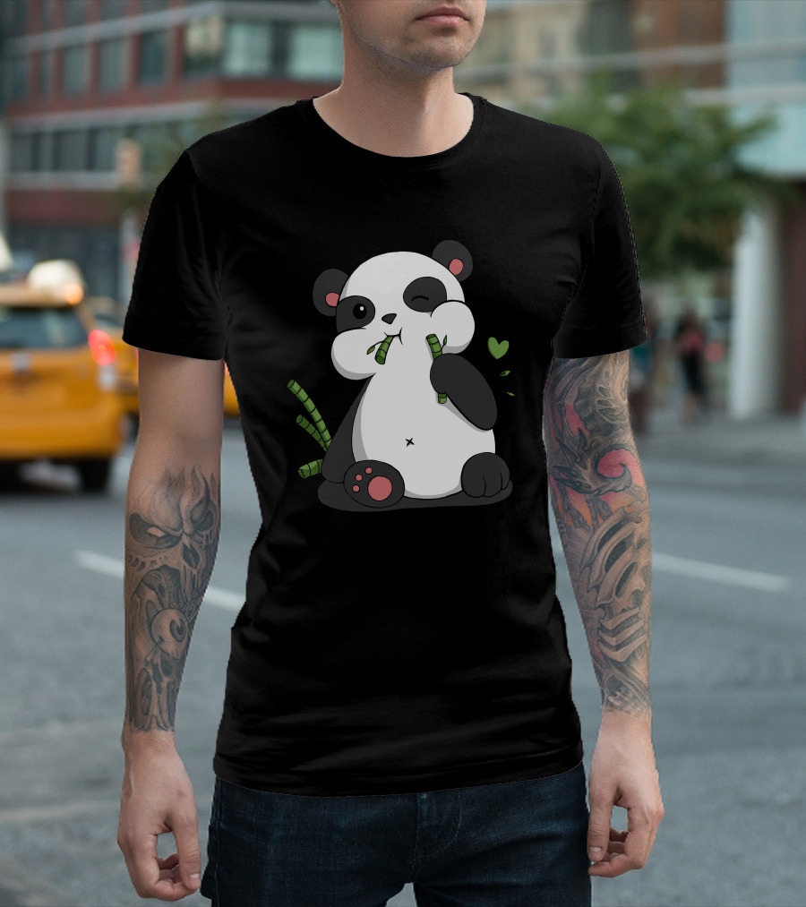 Cute Winking Panda Eating Bamboo With Green Heart T-Shirt