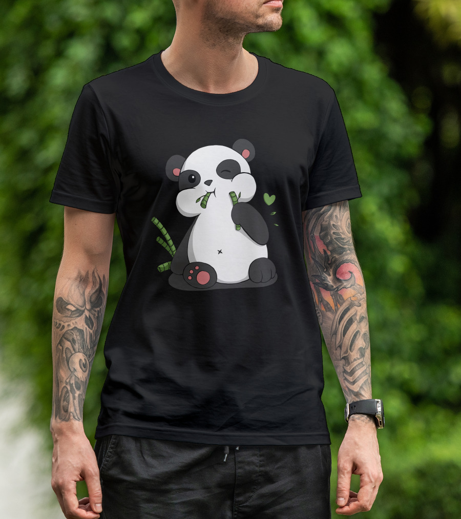 Cute Winking Panda Eating Bamboo With Green Heart T-Shirt