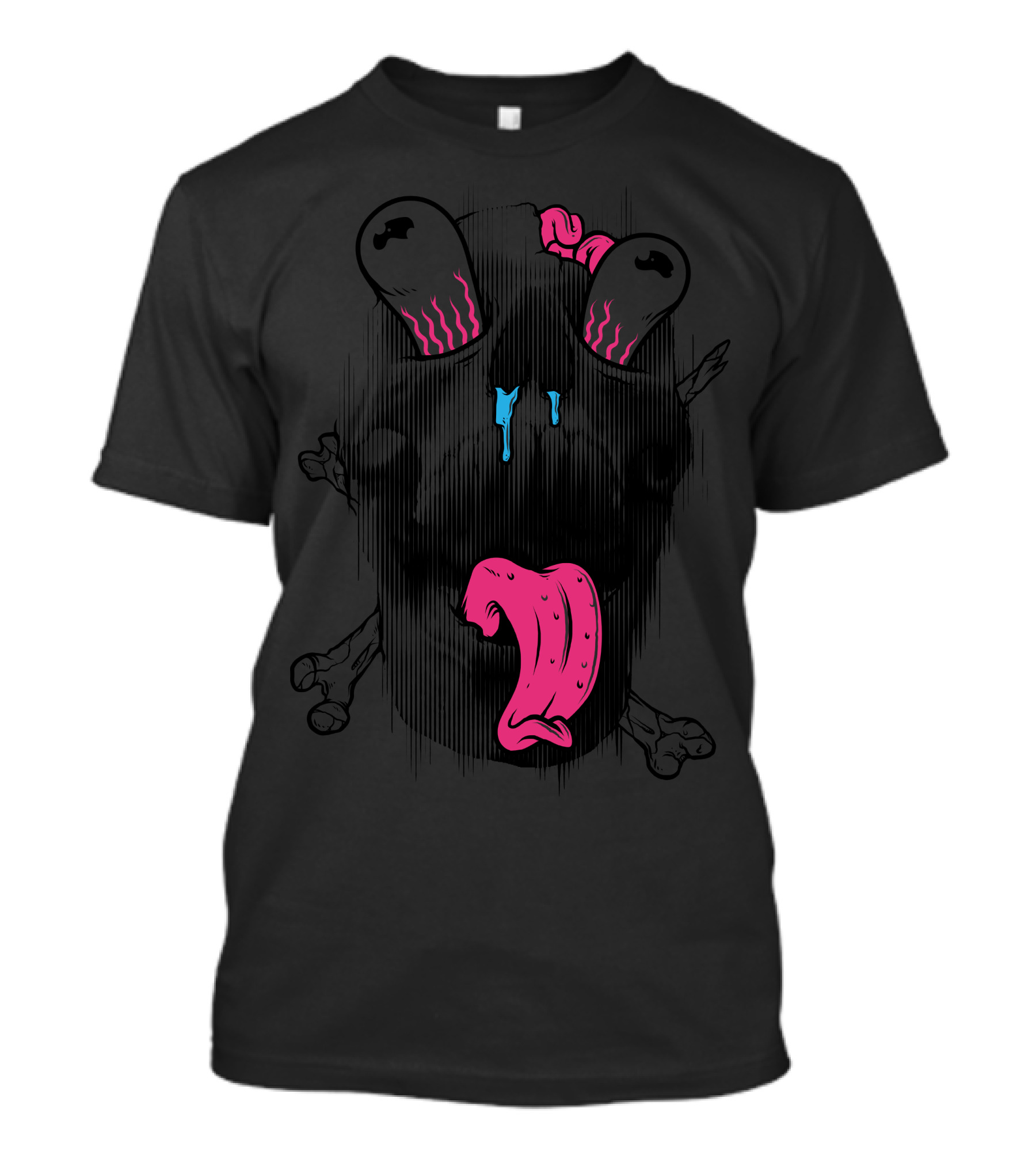 Scary Skull Melting Eyeballs Dripping Tongue Pink And Blue T-Shirt