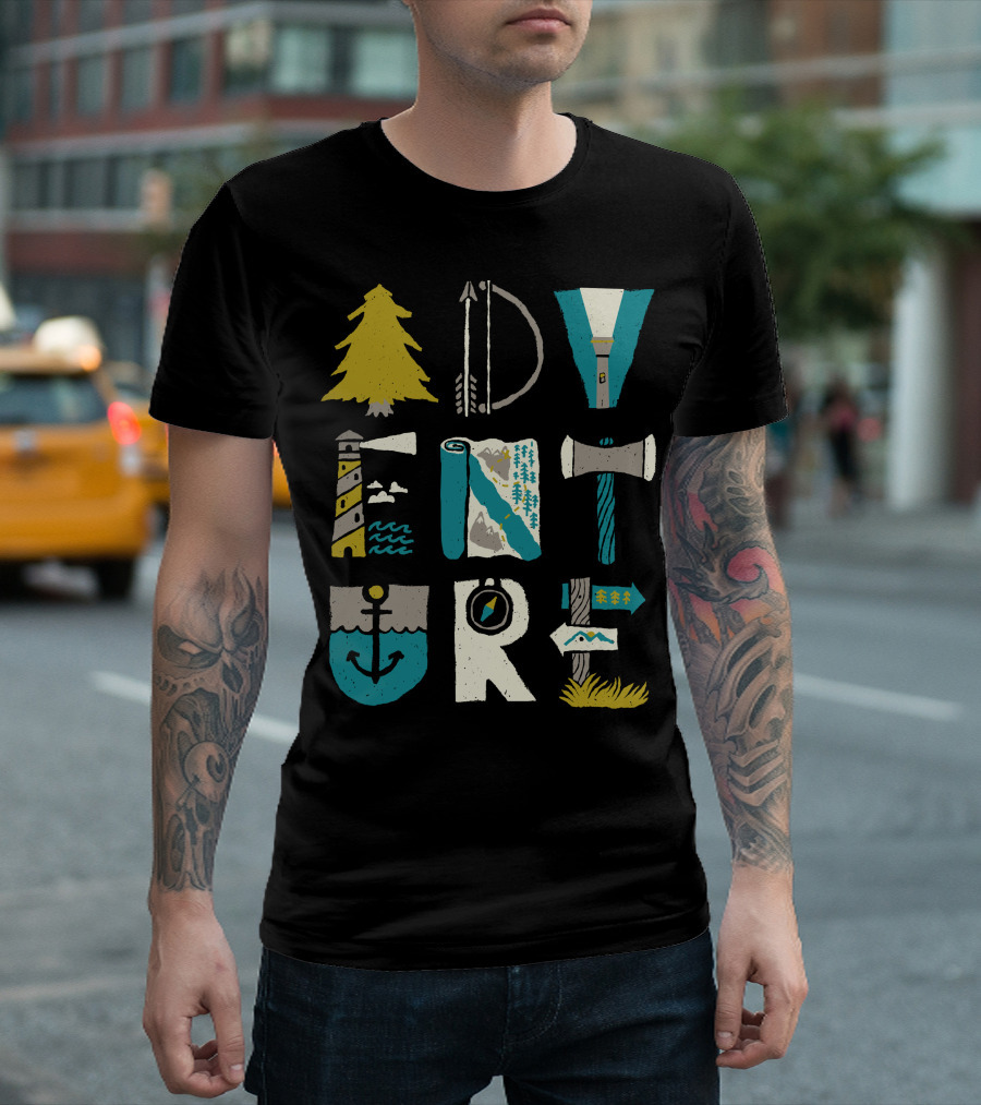Adventure Typo Tree Arrow Torch Lighthouse Map Axe Anchor Compass Sign Mountain T-Shirt