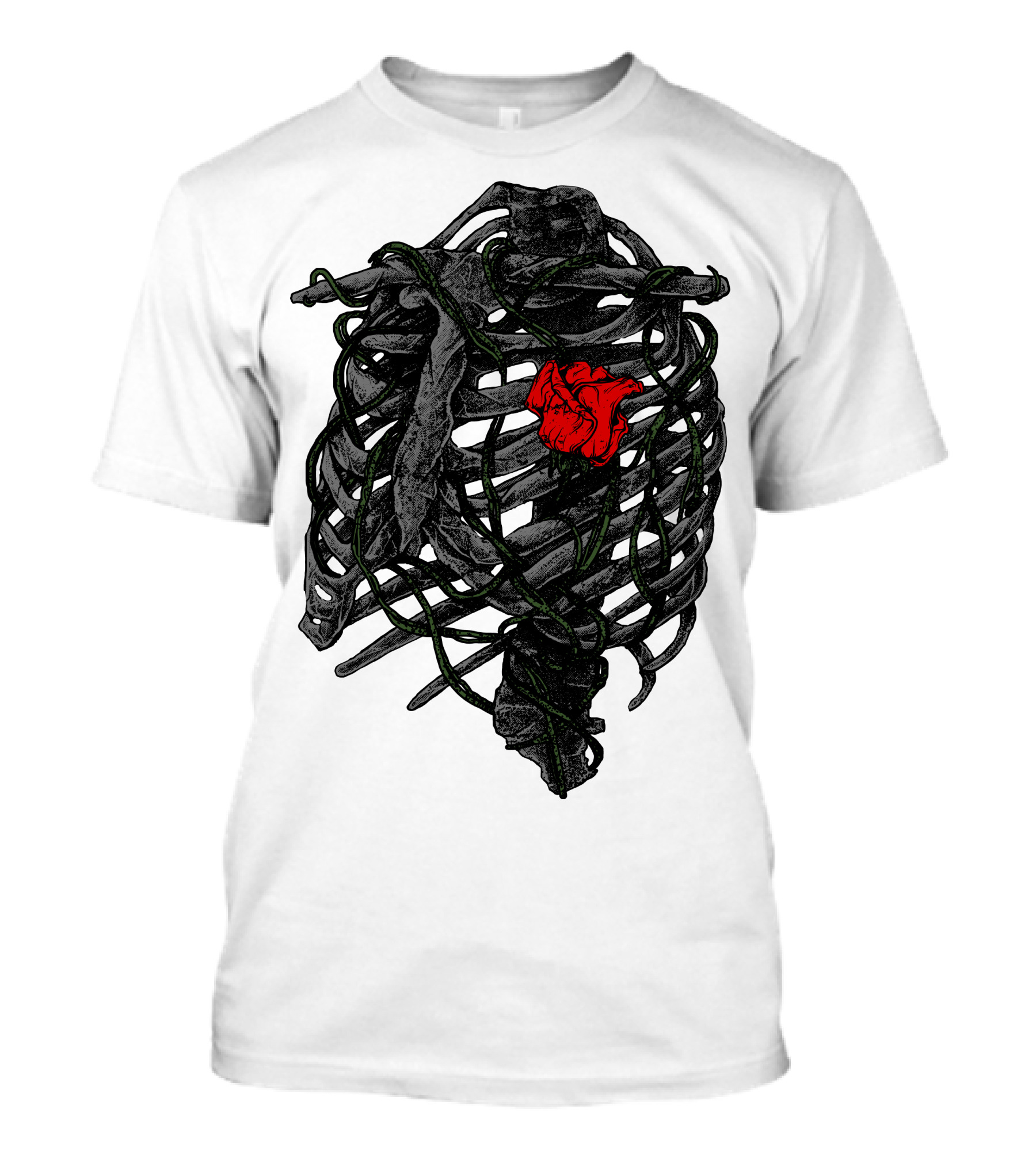 Blossom Within Thorny Ribcage With Red Rose And Vines T-Shirt