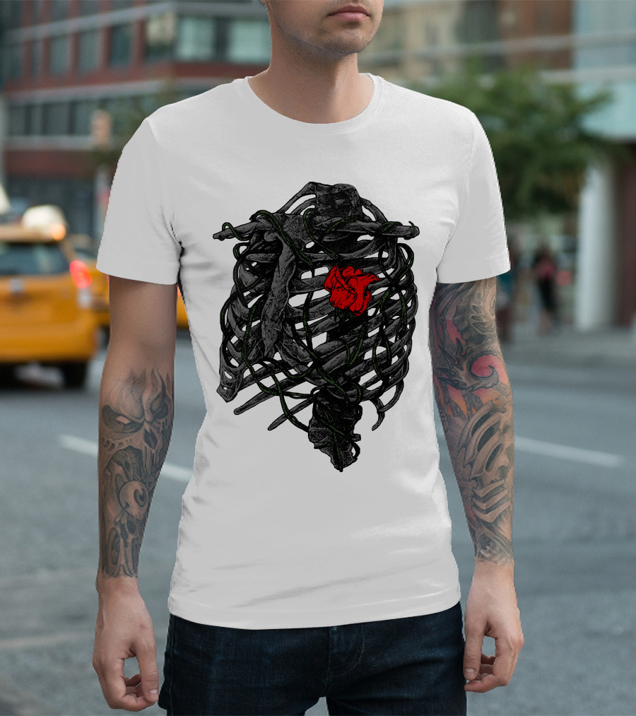 Blossom Within Thorny Ribcage With Red Rose And Vines T-Shirt