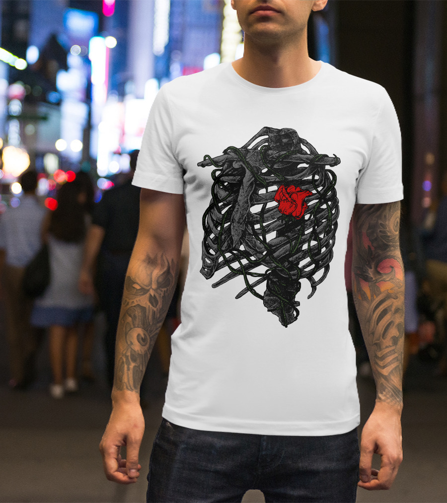 Blossom Within Thorny Ribcage With Red Rose And Vines T-Shirt