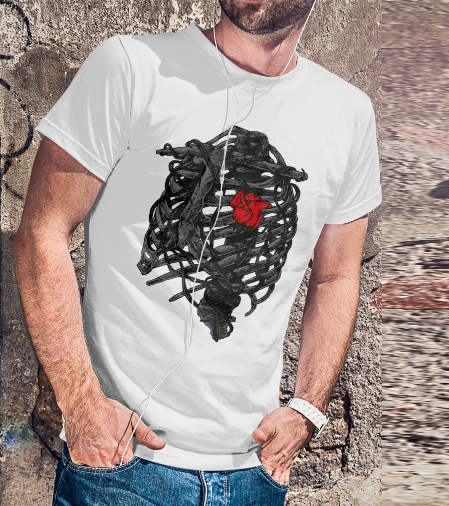 Blossom Within Thorny Ribcage With Red Rose And Vines T-Shirt