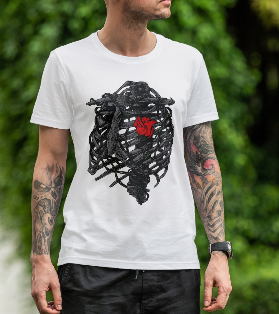 Blossom Within Thorny Ribcage With Red Rose And Vines T-Shirt