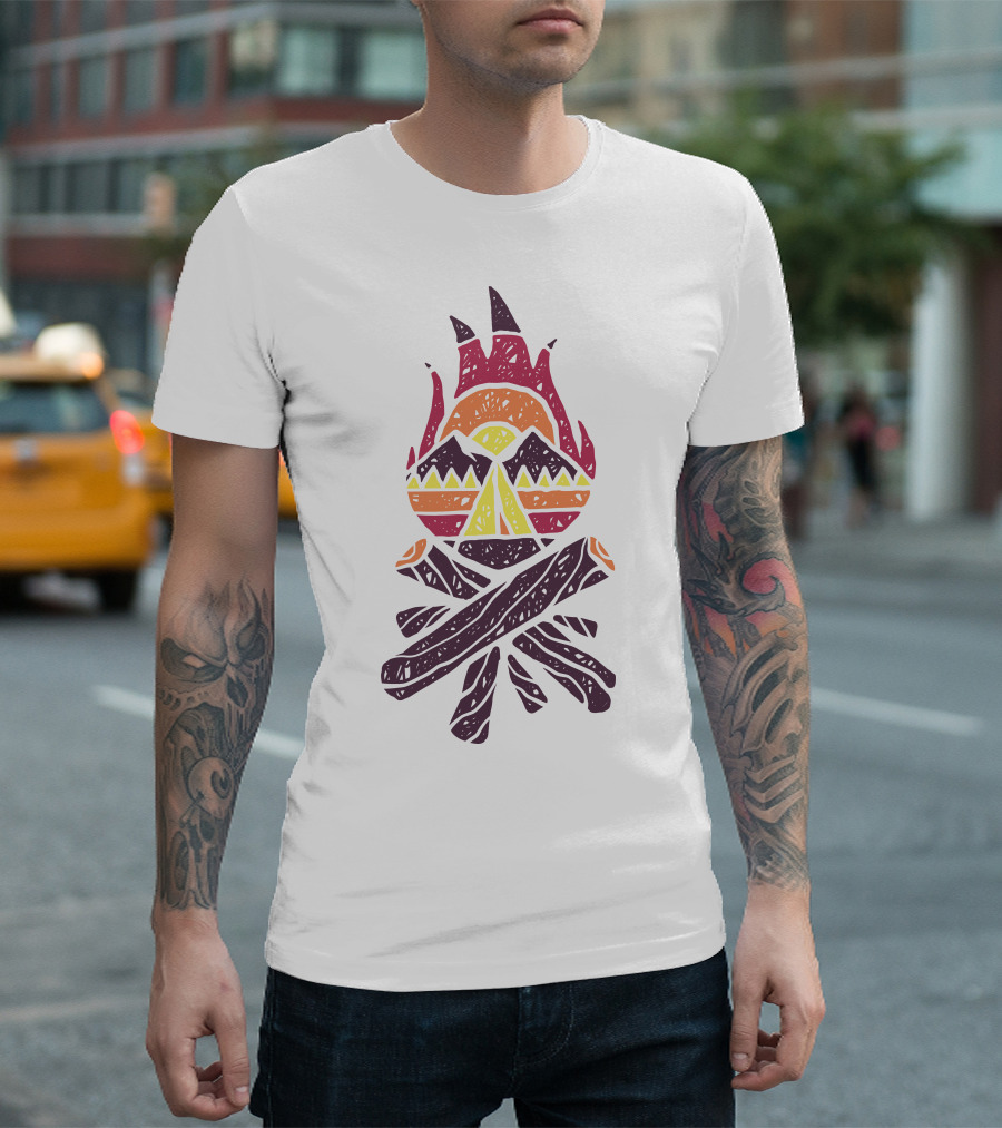 Bonfire Mountains Tribal Sunset Camping T-Shirt