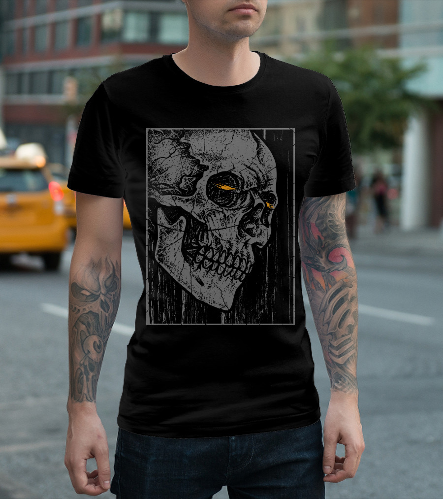 Broken Frame Skull With Cracked Texture And Orange Accents T-Shirt