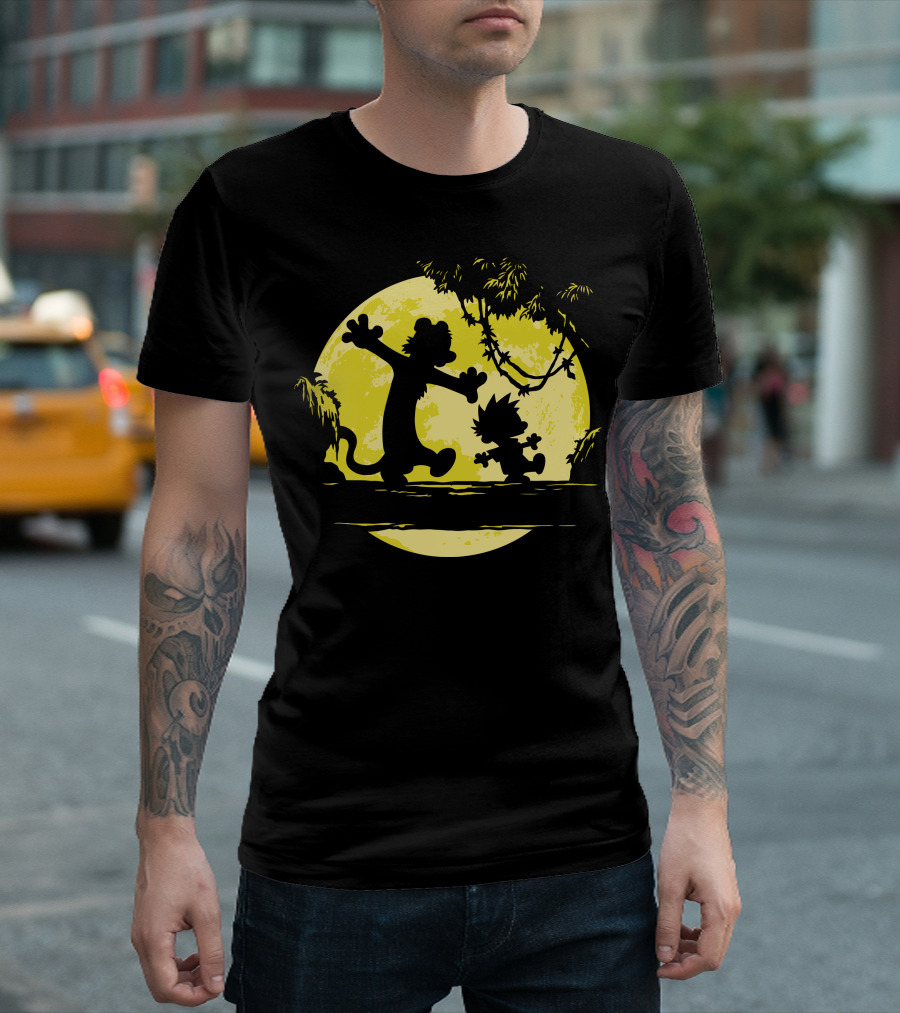 Calvin and Hobbes Dancing in Moonlit Forest T-Shirt