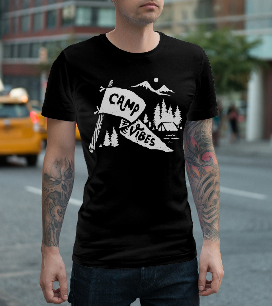 CAMP VIBES Flag and Mountain with Tent and Trees T-Shirt